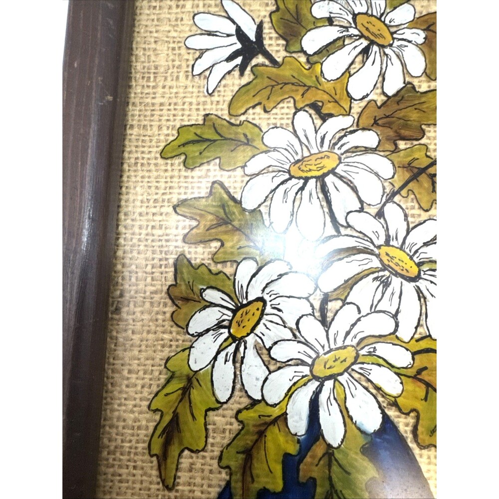 Vintage Rattan Wicker Background Reverse Hand Painted Daisies’s Blue Vase 15 In - Picture 4 of 8